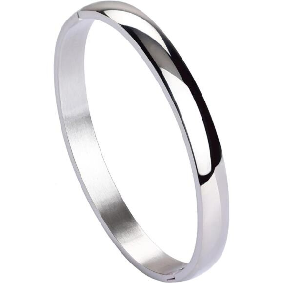 Womens Bangle 8MM Stainless Steel Bracelet Oval Polished Finish Cuff Bangle 6.7" - Picture 1 of 7